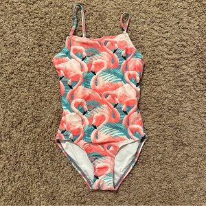 Old Navy Coral Flamingo One-Piece Swimsuit with Teal Leaves